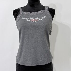 Gray Ribbed Lace Trim Fairy Grunge Tank Top Size XL Fitted Butterfly Graphic